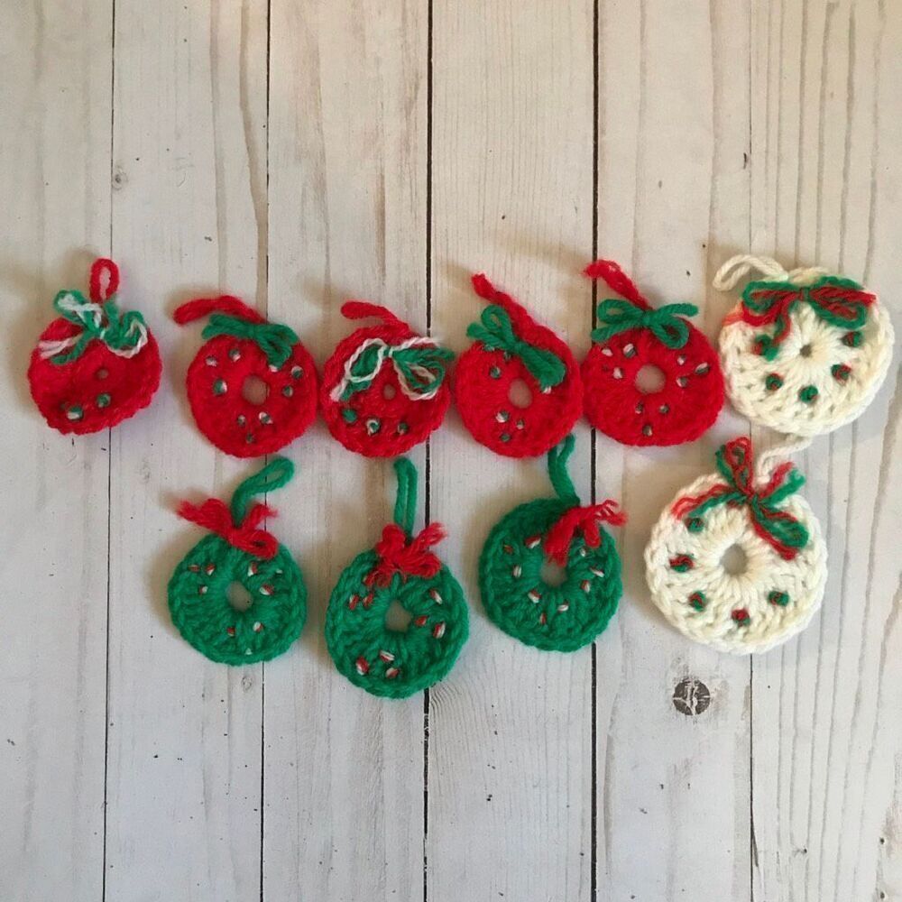 Handmade vintage set of ten small crochet ornaments red green white